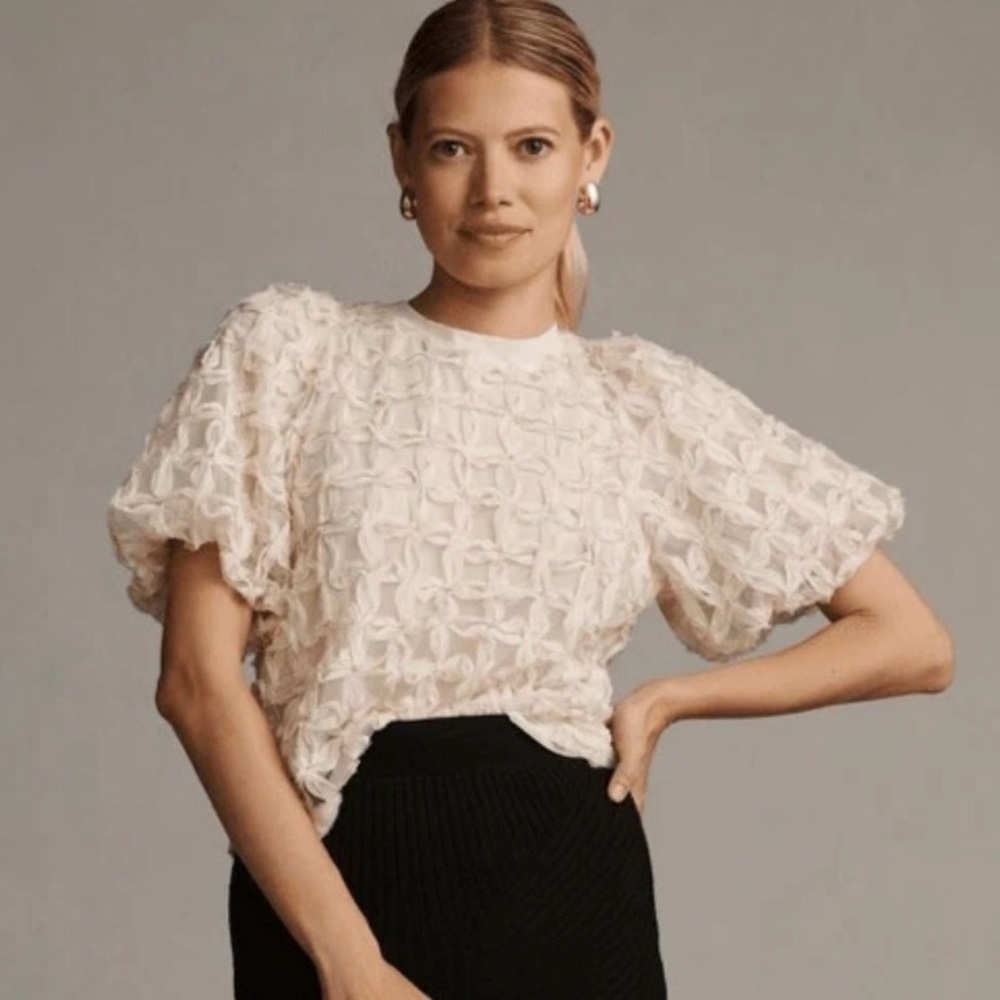 Anthropologie Sarah Hann Ivory Puff-Sleeve Textured Blouse